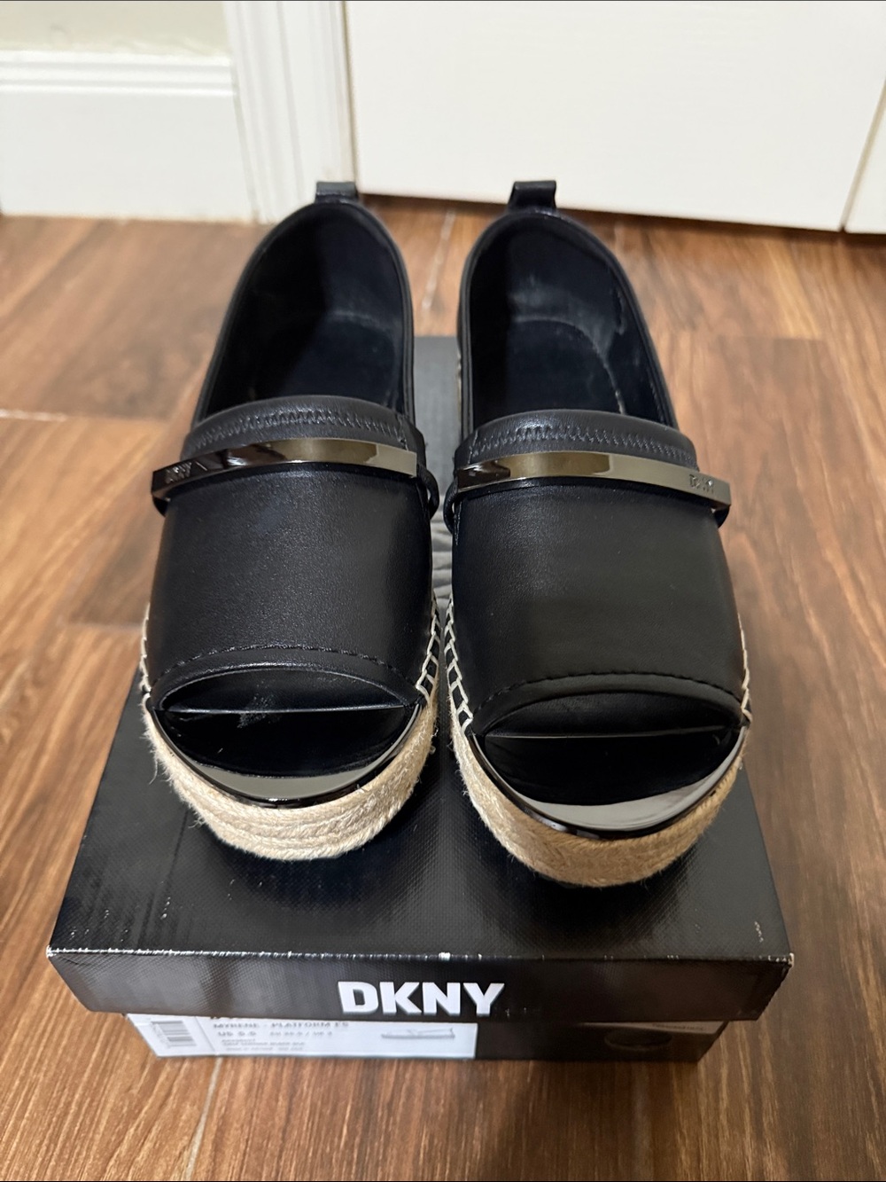 DKNY Black Leather Espadrille Platform Peep-Toe Slides